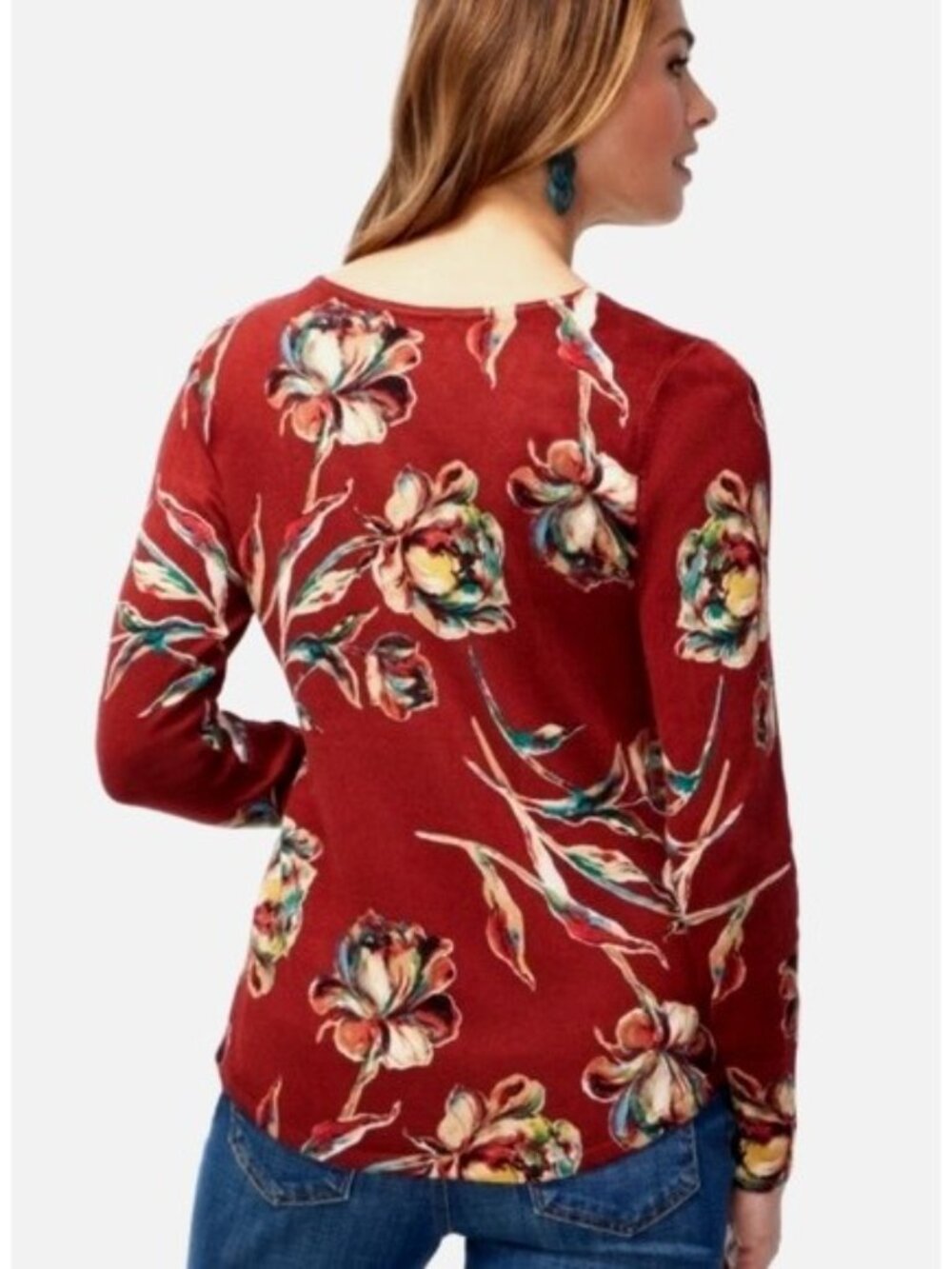 Chico's Size 2 = Large Floral Print Soft Knit Long Sleeve Top Shirt Blouse Fall - Picture 4 of 6